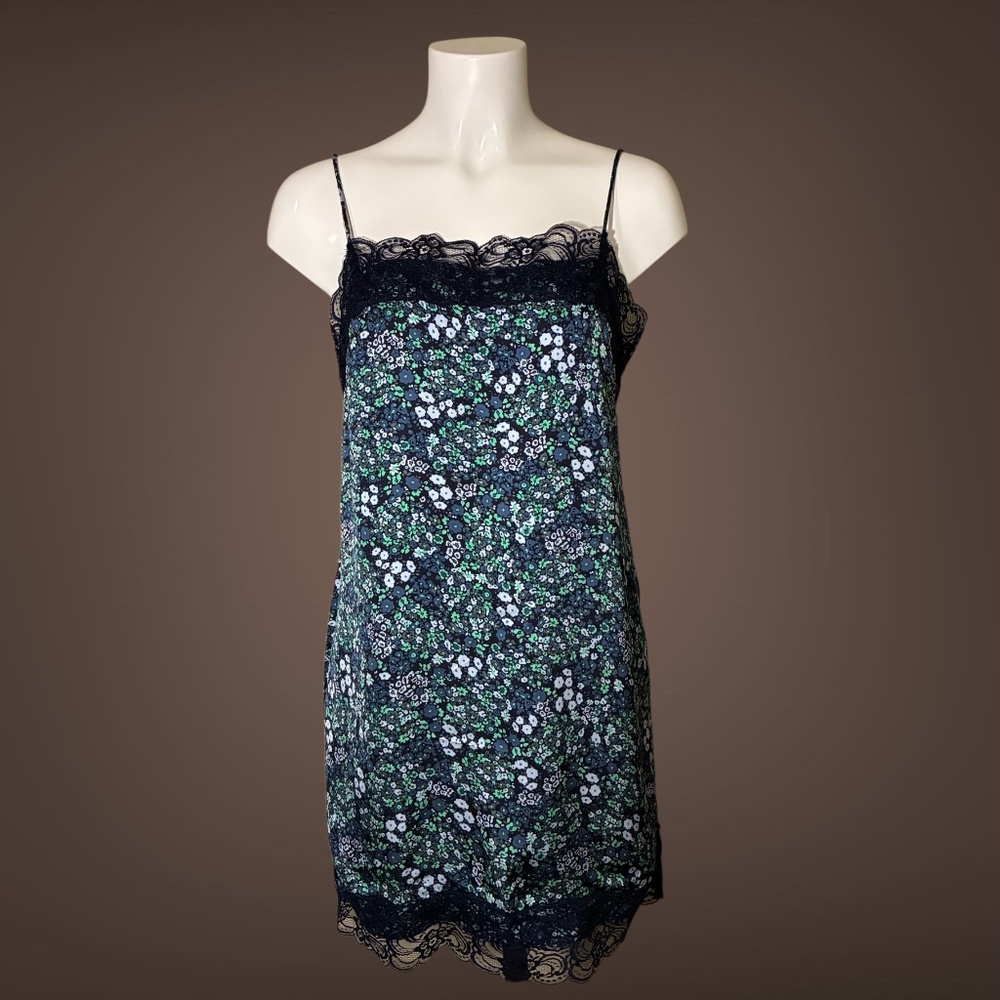 Women's Aerie Blue & Navy Floral Slip Dress, Lace Detail, Tie Shoulder Straps, M